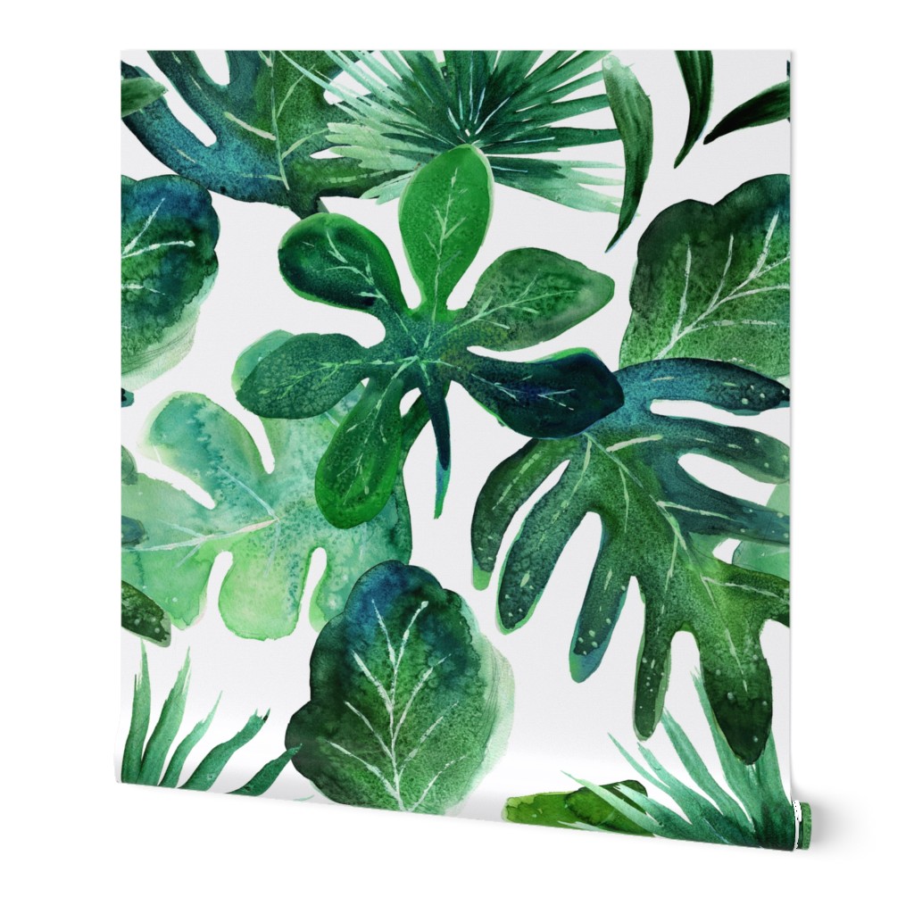 Wtercolor Tropical Leaves - Green on White Wallpaper, 2'x3', Prepasted Removable Smooth, Green