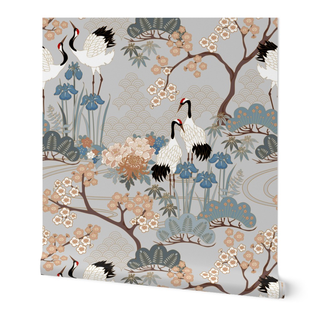 Japanese Garden - Grey Wallpaper, 2'x12', Prepasted Removable Smooth, Multicolor