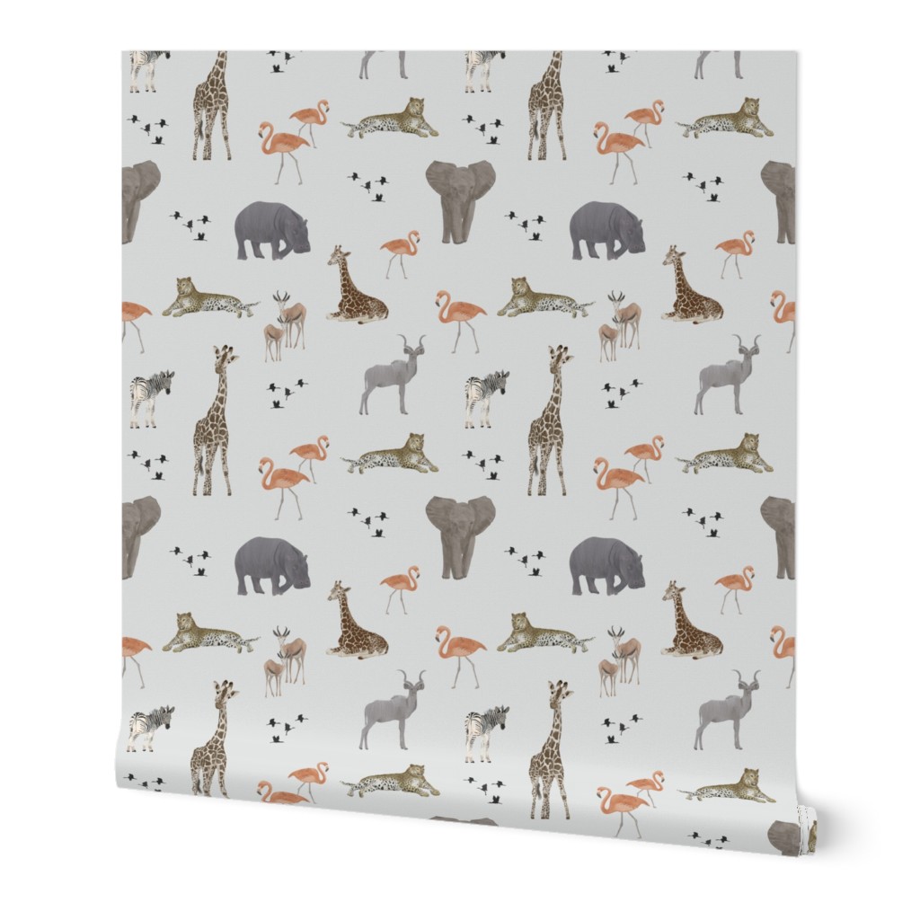Safari Animals - Gray Multi Wallpaper, 2'x12', Prepasted Removable Smooth, Multicolor