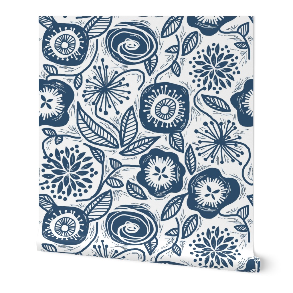 Linocut Leaves and Petals - Navy Blue Wallpaper, 2'x9', Prepasted Removable Smooth, Blue