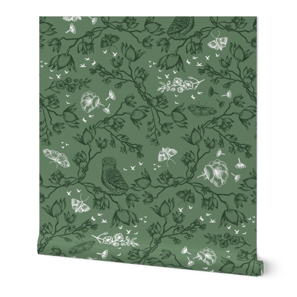 Orchid and Owl - Green Wallpaper, 2'x3', Prepasted Removable Smooth, Green