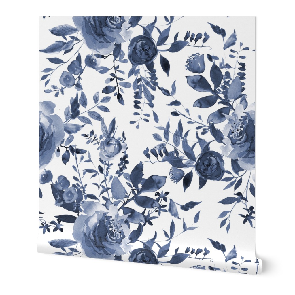 Blue and White Florals - Indigo Wallpaper, 2'x9', Prepasted Removable Smooth, Blue