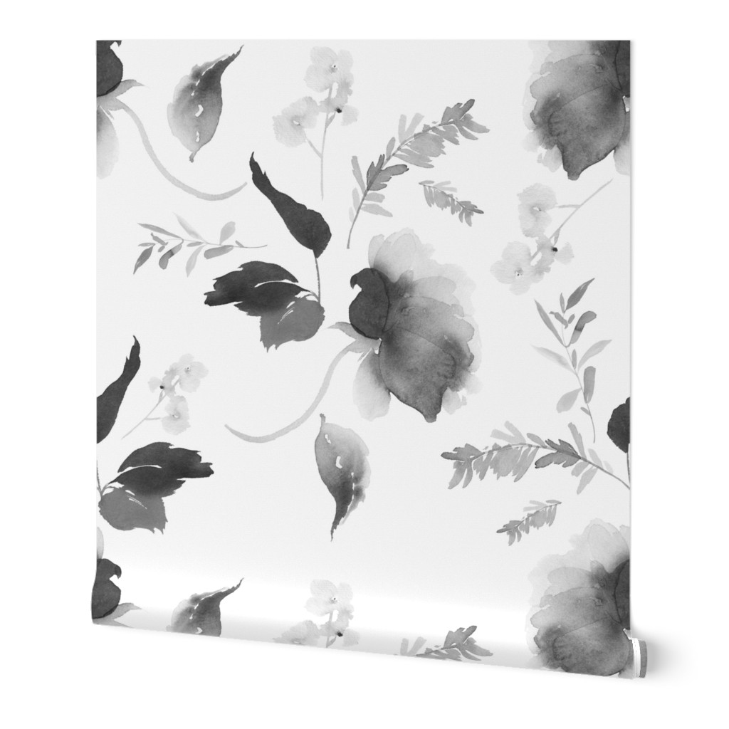 Spring Beginning - Black and White Wallpaper, 2'x3', Prepasted Removable Smooth, White