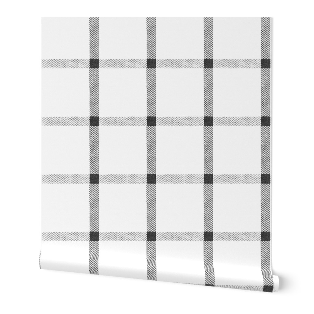 Linen Check Tartan Plaid - Black and White Wallpaper, 2'x12', Prepasted Removable Smooth, White