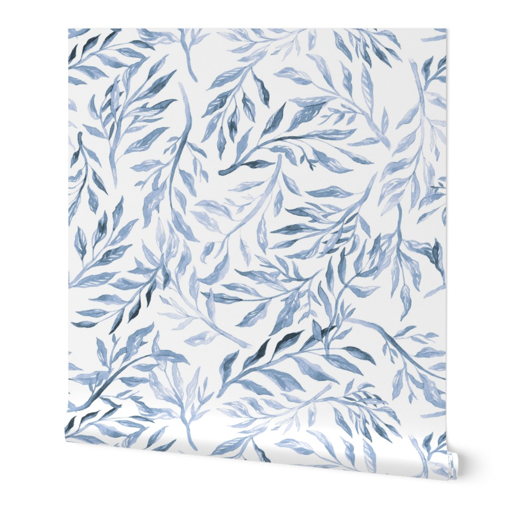 Watercolor Branches - Blue Wallpaper, 2'x9', Prepasted Removable Smooth, Blue