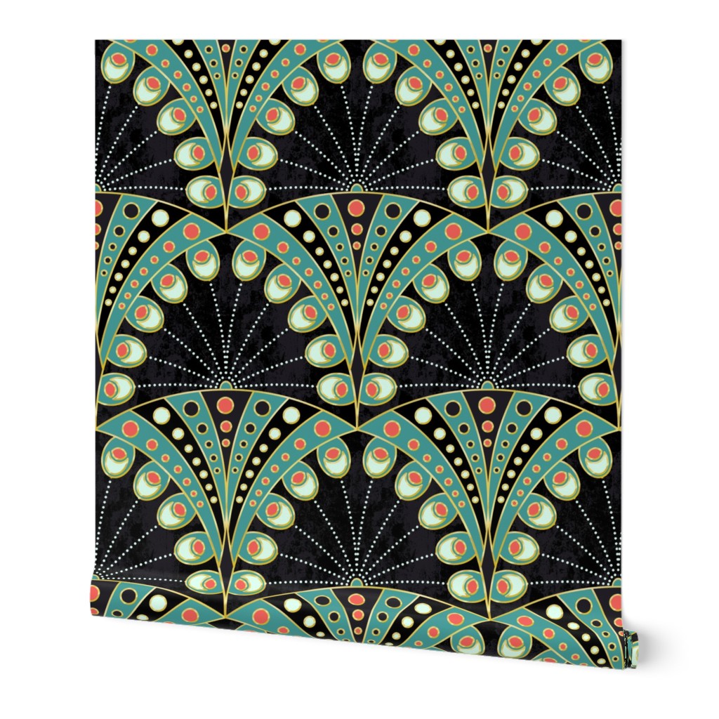 Art Deco Peacock Feathers - Multi Wallpaper, 2'x9', Prepasted Removable Smooth, Green