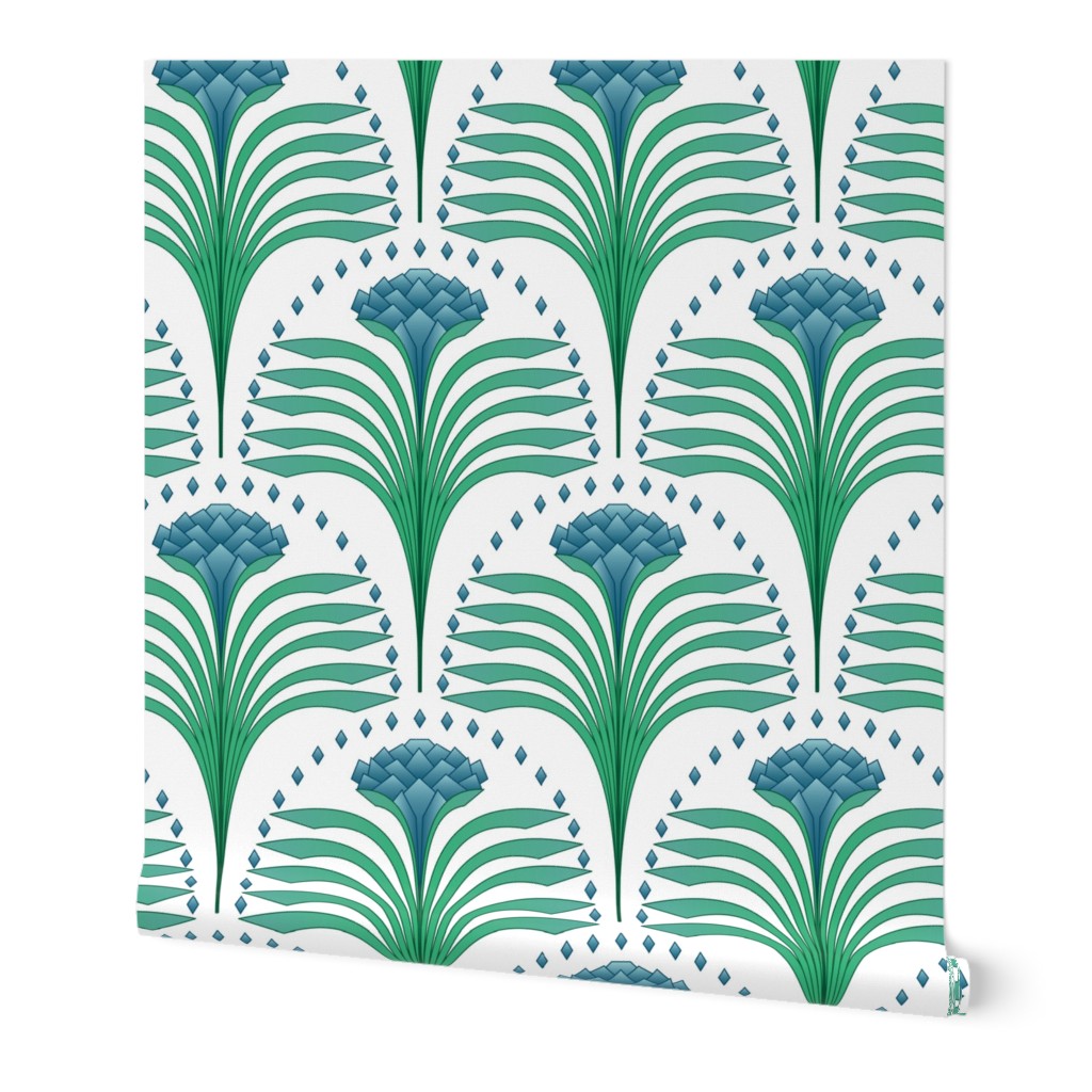 Art Deco Hydrangea and Leaves - Blue and Green Wallpaper, 2'x12', Prepasted Removable Smooth, Green
