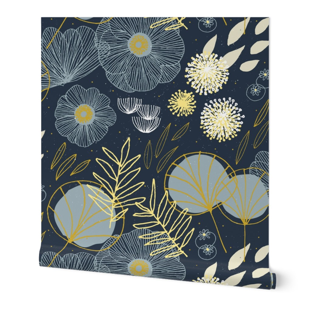 Spring Floral - Navy and Black Wallpaper, 2'x12', Prepasted Removable Smooth, Blue