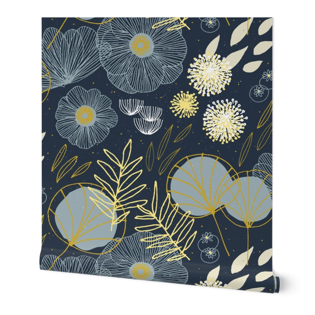Spring Floral - Navy and Black Wallpaper, 2'x3', Prepasted Removable Smooth, Blue