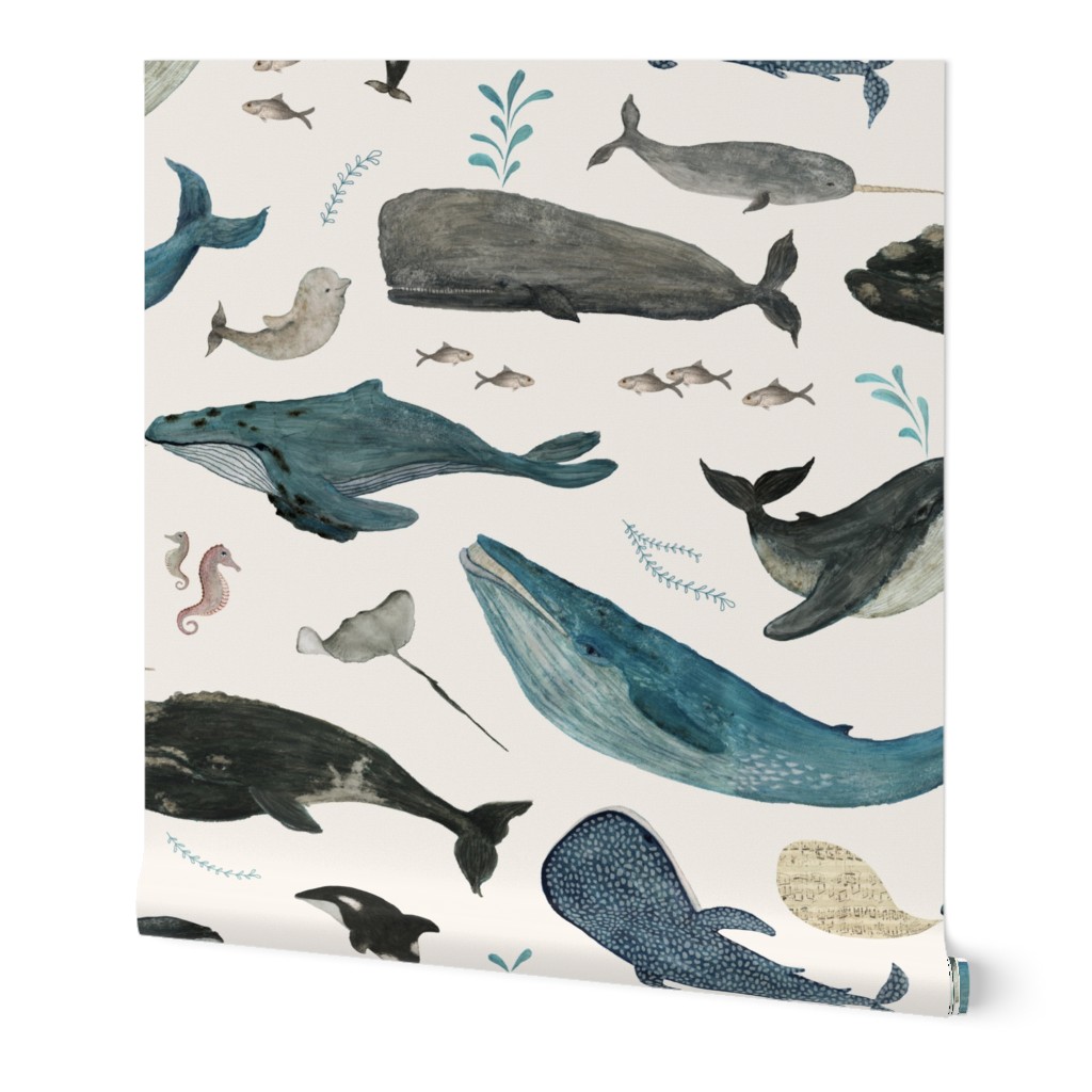 Whale Song - Blue Wallpaper, 2'x9', Prepasted Removable Smooth, Beige