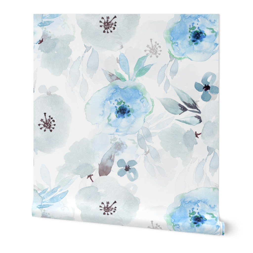 Sweet Watercolor Roses - Blue on White Wallpaper, 2'x9', Prepasted Removable Smooth, Blue