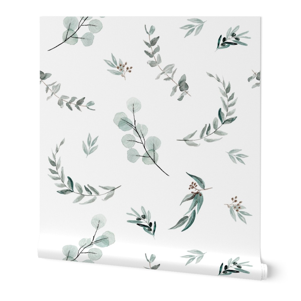 Eucalyptus Leaves - Green on White Wallpaper, 2'x12', Prepasted Removable Smooth, Green