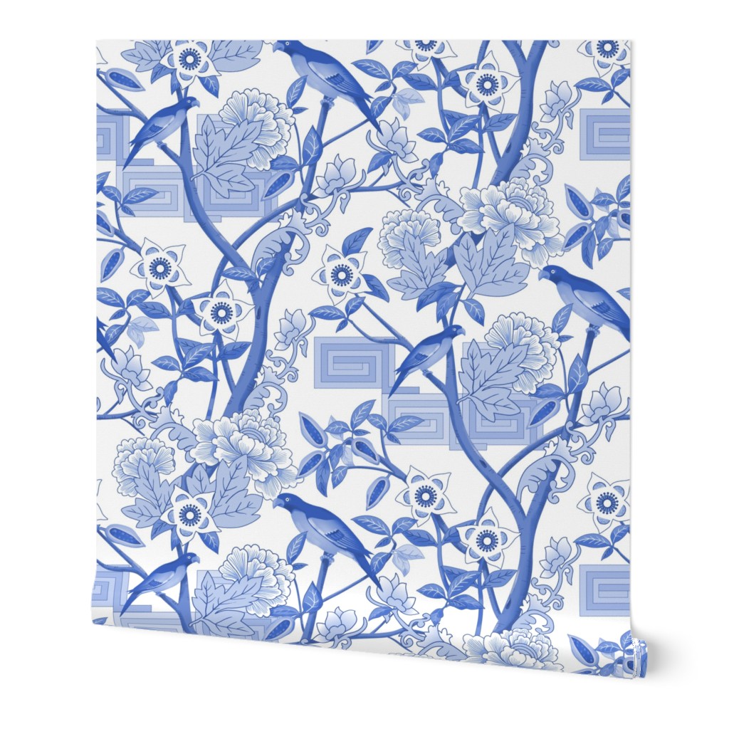 Parrots and Peonies Chinoiserie - Blue Wallpaper, 2'x12', Prepasted Removable Smooth, Blue