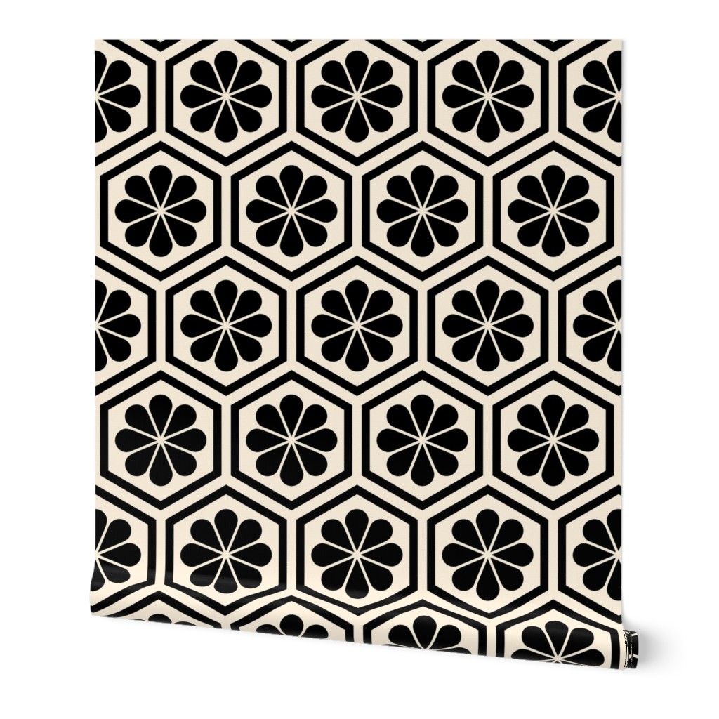 Hexagon Flower Geometric - Black and Cream Wallpaper, 2'x9', Prepasted Removable Smooth, Black