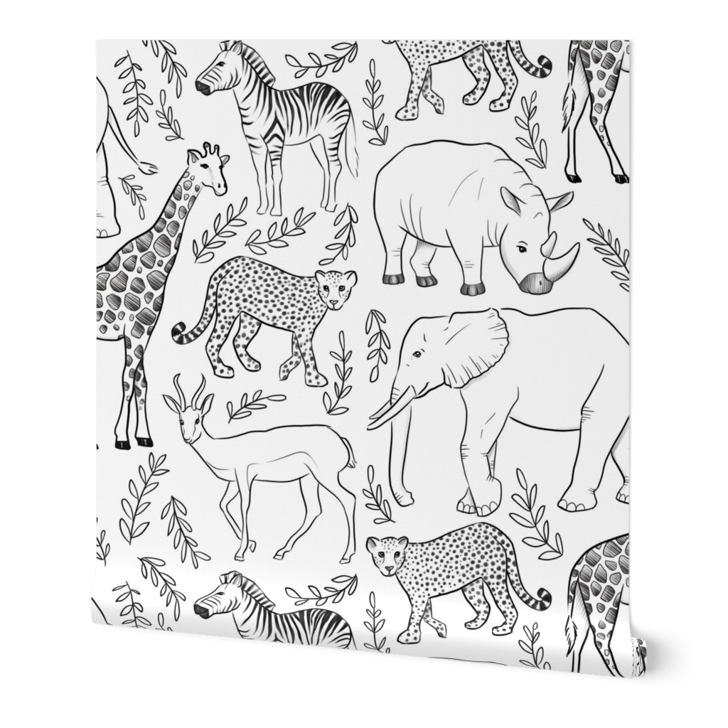 Safari Animals - Black and White Wallpaper, 2'x9', Prepasted Removable Smooth, White