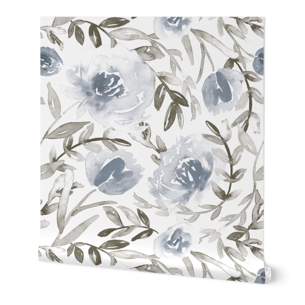 Watercolor Floral - Blue and Taupe Wallpaper, Test Swatch (2' x 1'), Prepasted Removable Smooth, Blue