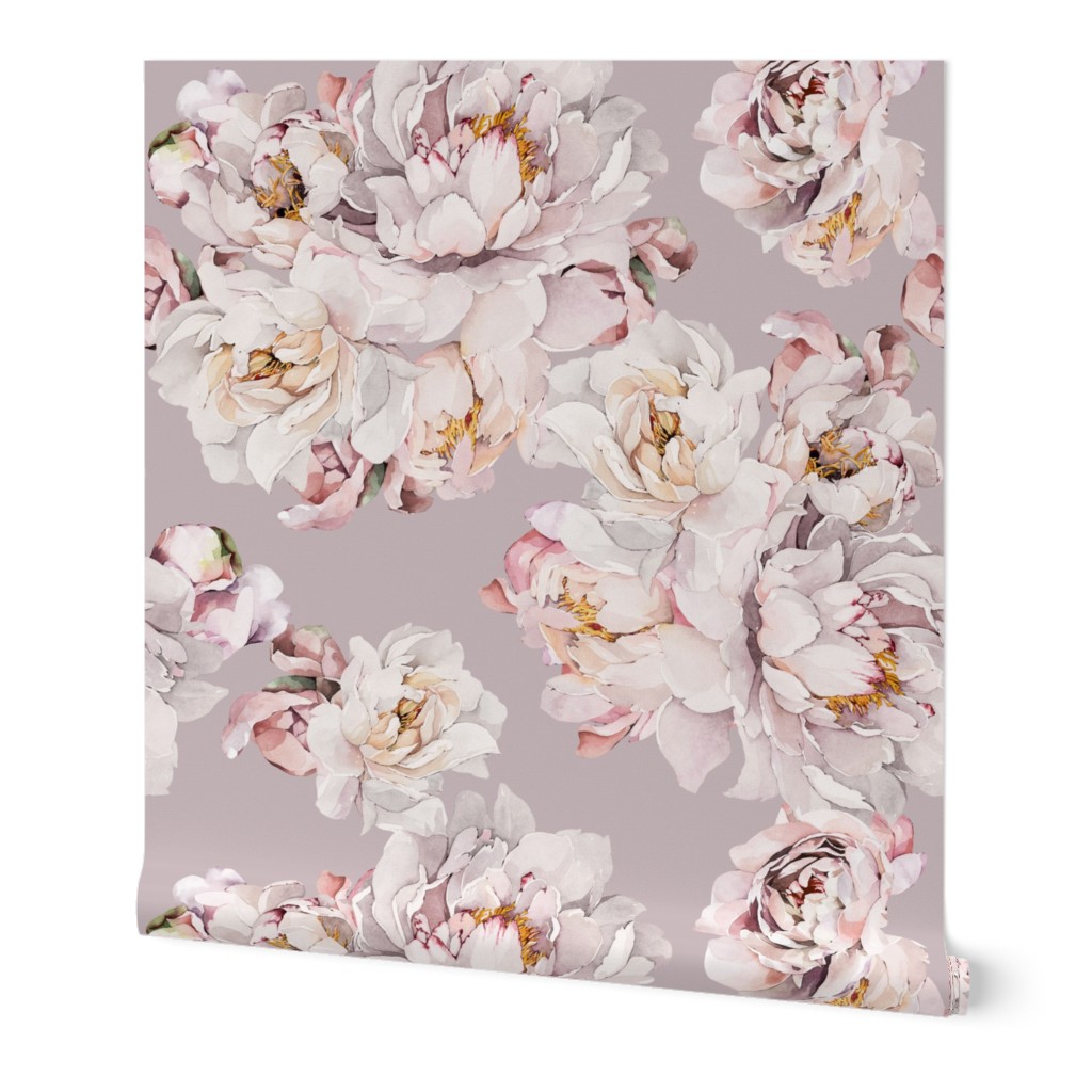 Watercolor Peony - White on Gray Wallpaper, 2'x12', Prepasted Removable Smooth, Pink