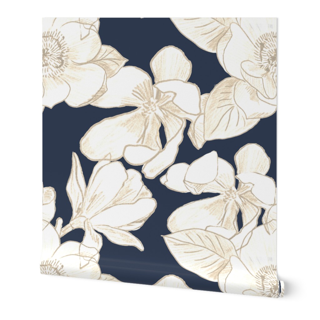 Magnolia Grandiflora - Blue Wallpaper, Test Swatch (2' x 1'), Prepasted Removable Smooth, Blue