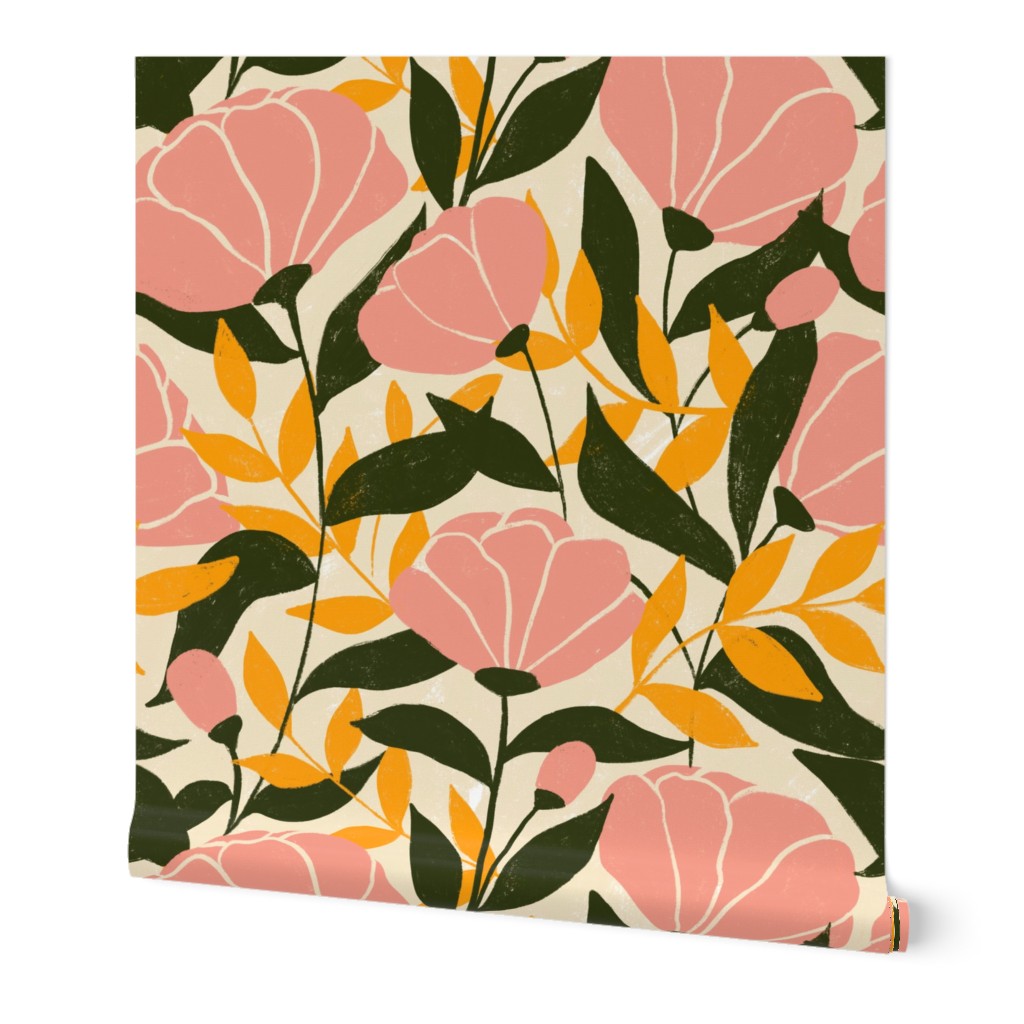 Mid Century Garden Floral Blooms - Pink Wallpaper, Test Swatch (2' x 1'), Prepasted Removable Smooth, Pink