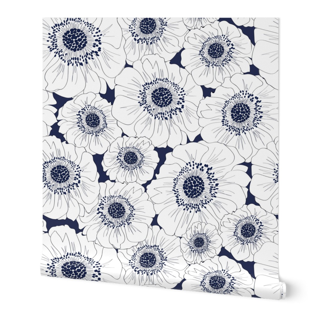 Anemones - Navy and White Wallpaper, 2'x12', Prepasted Removable Smooth, Blue