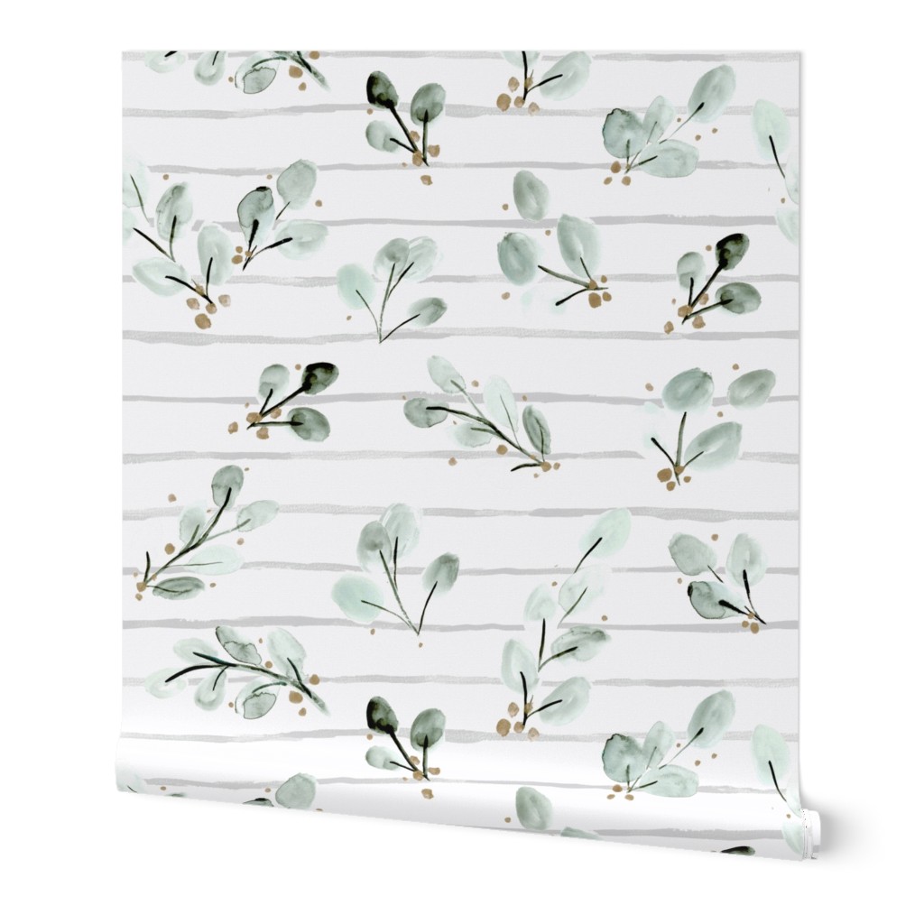 Eucalyptus Sprigs on Stripe - Green Wallpaper, 2'x9', Prepasted Removable Smooth, Green