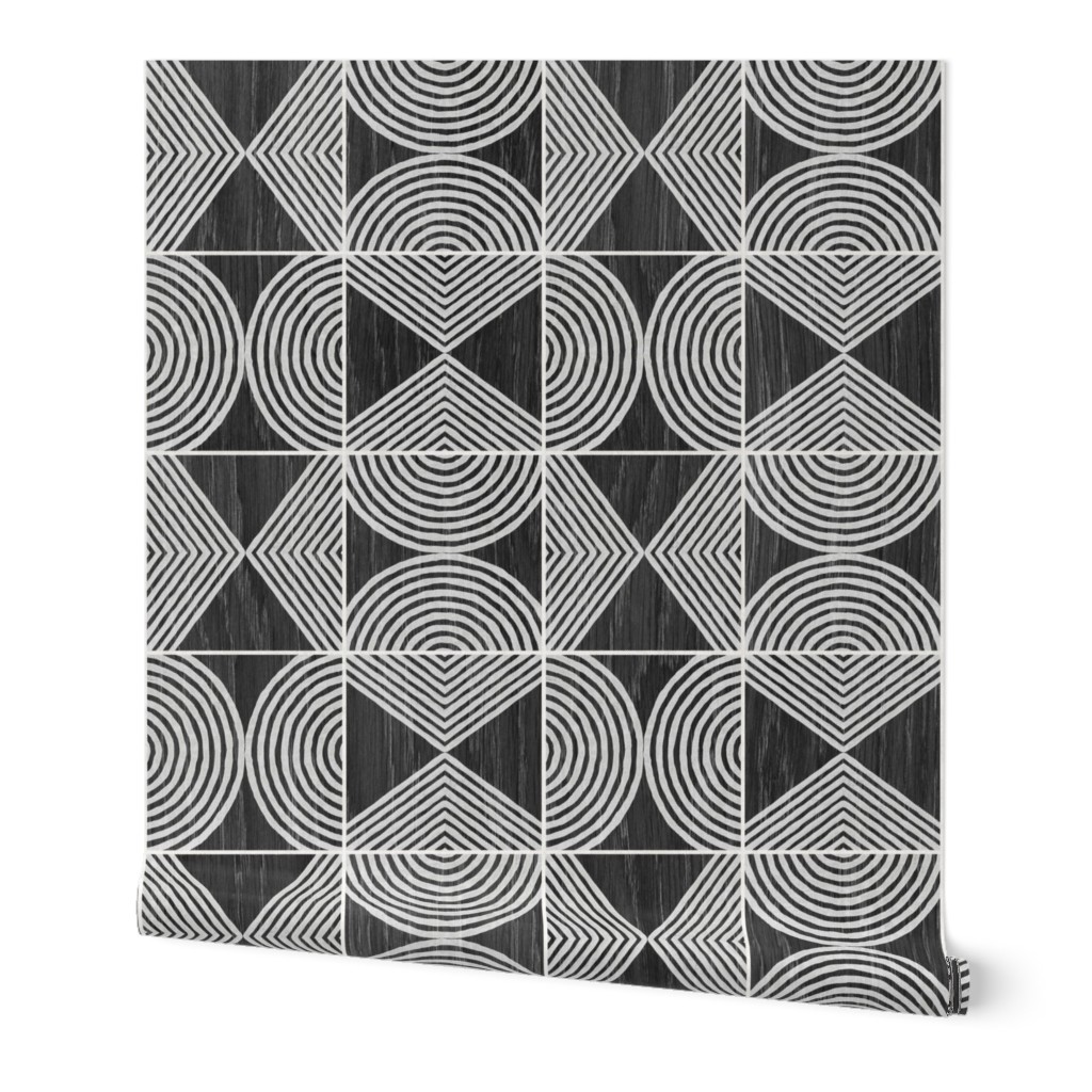 Boho Tribal Woodcut Geometric Shapes Wallpaper, 2'x9', Prepasted Removable Smooth, Black