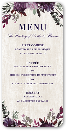 Harvest Time Florals Wedding Menu, Purple, 4x8 Menu, Standard Smooth Cardstock, Rounded, Blackberry Jam