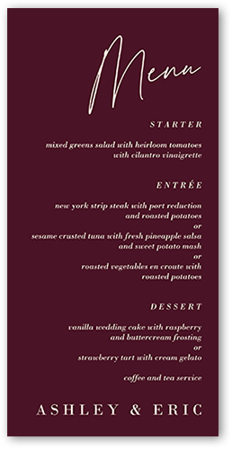 Elegant Formula Wedding Menu, Purple, 4x8 Menu, Pearl Shimmer Cardstock, Square