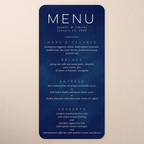 Cloudy Tints Wedding Menu, Blue, 4x8 Menu, 100% Recycled Cardstock , Rounded