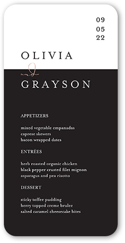 Dazzling Duet Wedding Menu, Pink, 4x8 Menu, Pearl Shimmer Cardstock, Rounded, Blush