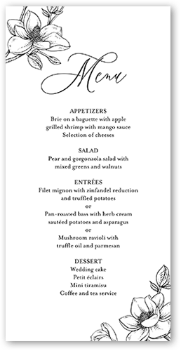 Marvelous Magnolia Wedding Menu, White, 4x8 Menu, Standard Smooth Cardstock, Square