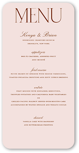 Big Request Wedding Menu, Pink, 4x8 Menu, Pearl Shimmer Cardstock, Rounded