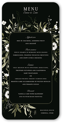 Floral Filigree Wedding Menu, Black, 4x8 Menu, Matte, Signature Smooth Cardstock, Rounded