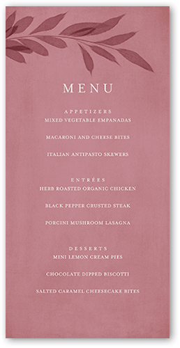 Pressed Leaves Wedding Menu, Pink, 4x8 Menu, 100% Recycled Cardstock , Square, Blush