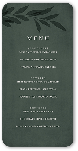 Pressed Leaves Wedding Menu, Green, 4x8 Menu, Pearl Shimmer Cardstock, Rounded