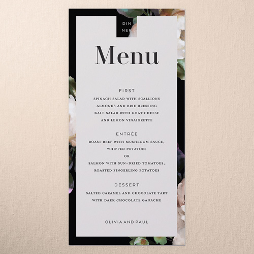 Forged Blooms Wedding Menu, White, 4x8 Menu, Pearl Shimmer Cardstock, Square