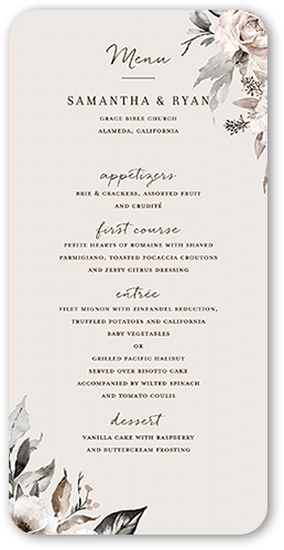 Neutral Florals Wedding Menu, Grey, 4x8 Menu, 100% Recycled Cardstock , Rounded