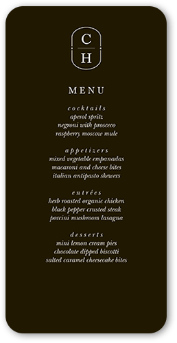 Polished Monogram Wedding Menu, Black, 4x8 Menu, Pearl Shimmer Cardstock, Rounded, Coal