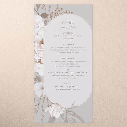 Full Bloom Wedding Menu, Gray, 4x8 Menu, Pearl Shimmer Cardstock, Square