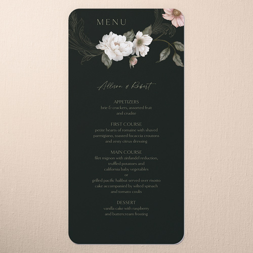 Peaceful Flowers Wedding Menu, Black, 4x8 Menu, Pearl Shimmer Cardstock, Rounded
