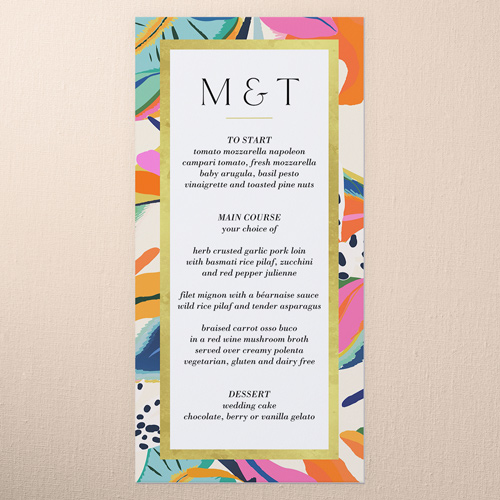 Vibrant Garden Wedding Menu, Blue, 4x8 Menu, Pearl Shimmer Cardstock, Square