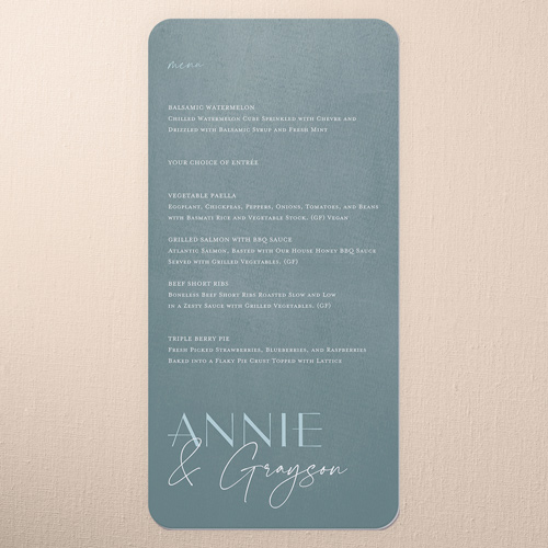 Modern Grace Wedding Menu, Green, 4x8 Menu, Pearl Shimmer Cardstock, Rounded, Leafy