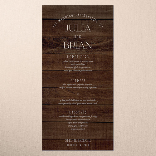 Timber Ties Wedding Menu, Brown, 4x8 Menu, Pearl Shimmer Cardstock, Square