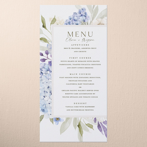 Hydrangea Highlight Wedding Menu, Blue, 4x8 Menu, Pearl Shimmer Cardstock, Square