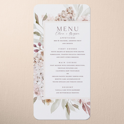 Hydrangea Highlight Wedding Menu, Pink, 4x8 Menu, Pearl Shimmer Cardstock, Rounded