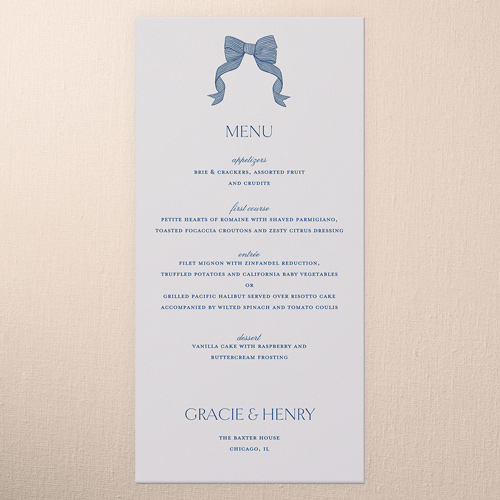 Classical Bow Wedding Menu, Blue, 4x8 Menu, Standard Smooth Cardstock, Square, Blueberry