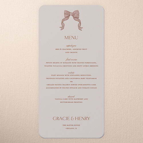 Classical Bow Wedding Menu, Brown, 4x8 Menu, Pearl Shimmer Cardstock, Rounded, Chestnut