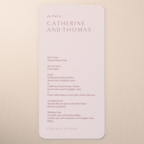 Smooth Sweeping Script Wedding Menu, Pink, 4x8 Menu, Matte, Signature Smooth Cardstock, Rounded, Chenille