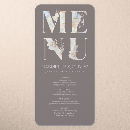 Cherished Garden Wedding Menu, Brown, 4x8 Menu, Pearl Shimmer Cardstock, Rounded, Taupe