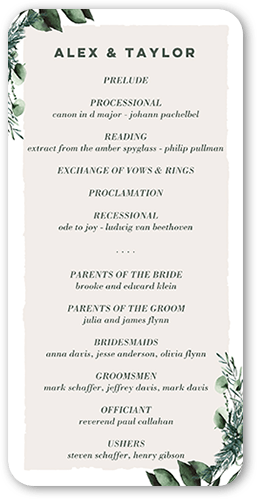 Rehearsal Bough Wedding Program, White, 4x8 Flat Program, Pearl Shimmer Cardstock, Rounded, White